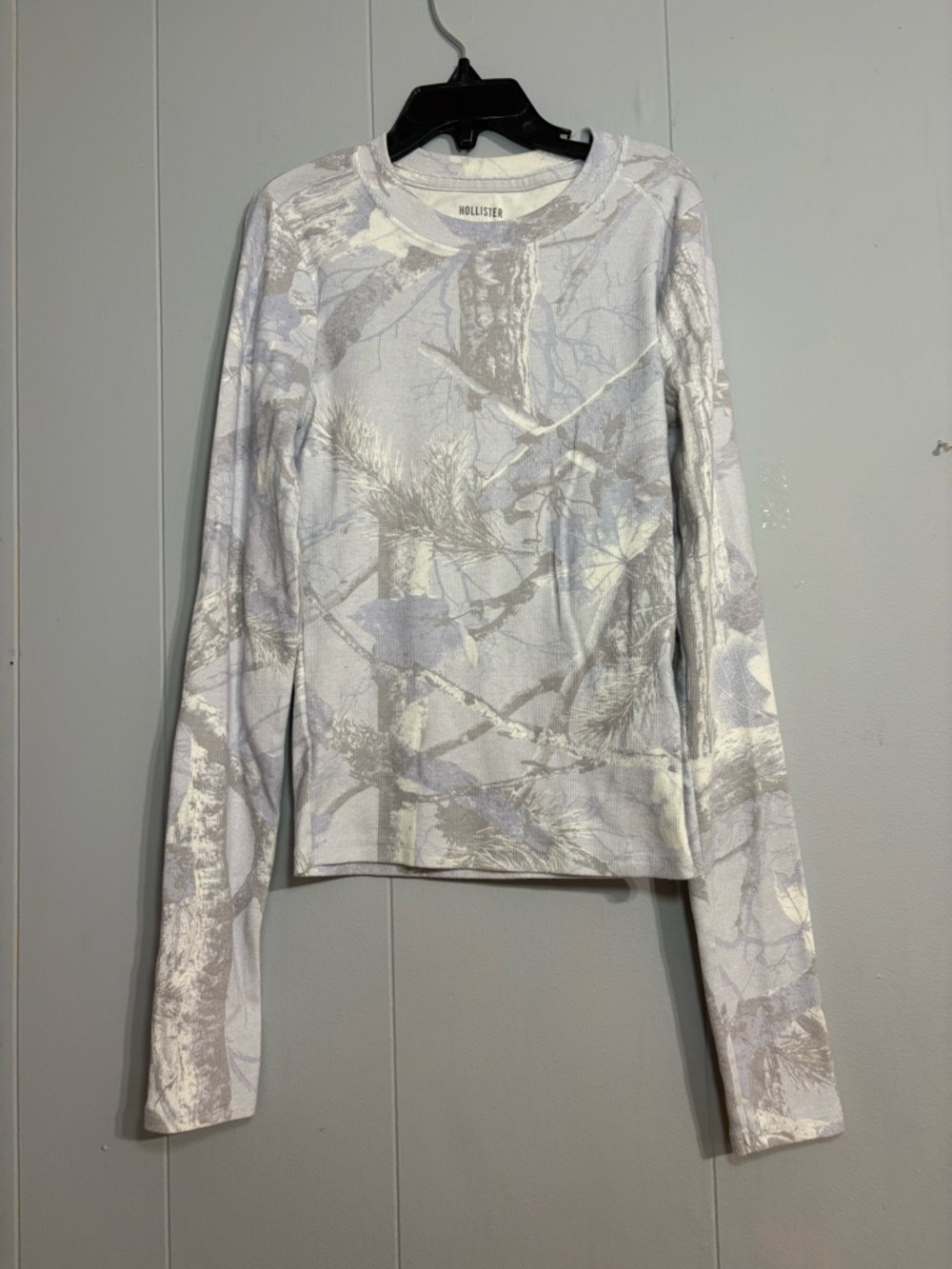 Hollister White and Light Gray Long Sleeve Crewneck Top